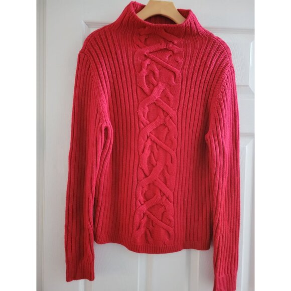 Magaschoni Womens Red Merino Wool Cable knit sweater size Large Mock neck - Picture 1 of 6
